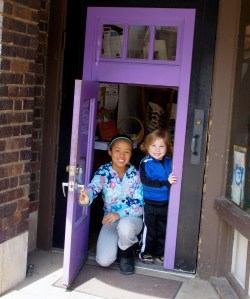 Exiting Wild Rumpus through the child-size purple door.