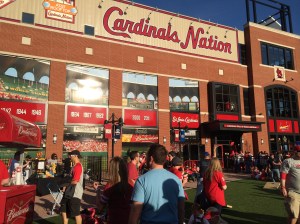 From the field at Busch II, outside Baseball Village, the windows reflect the Cardinals' Busch Stadium.