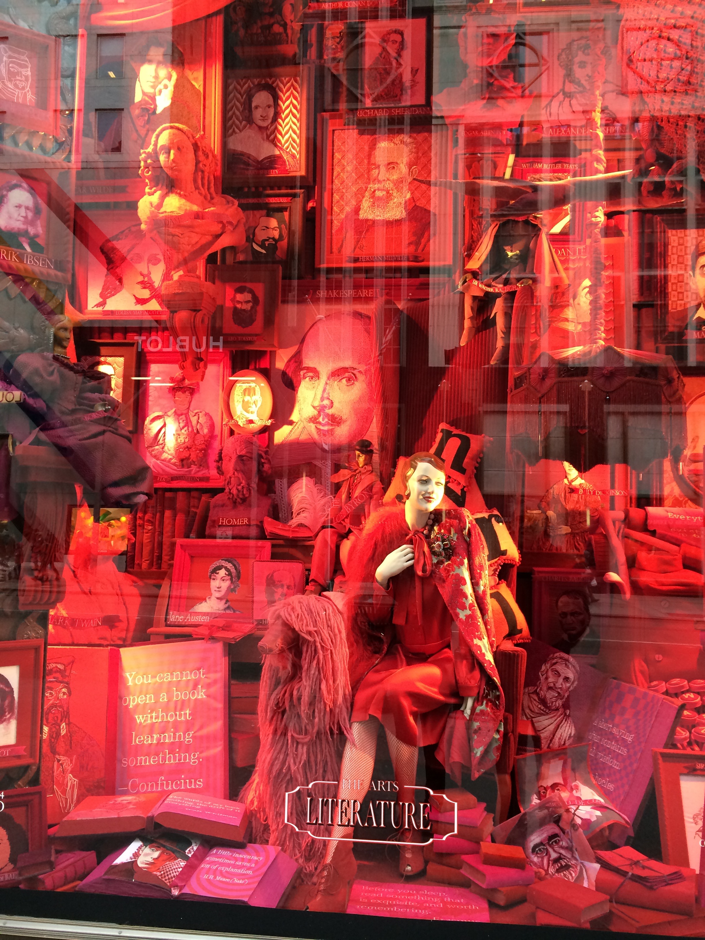Fabulously ornate windows at Bergdorf Goodman. The subject of this window: Literature. How many authors can you find.
